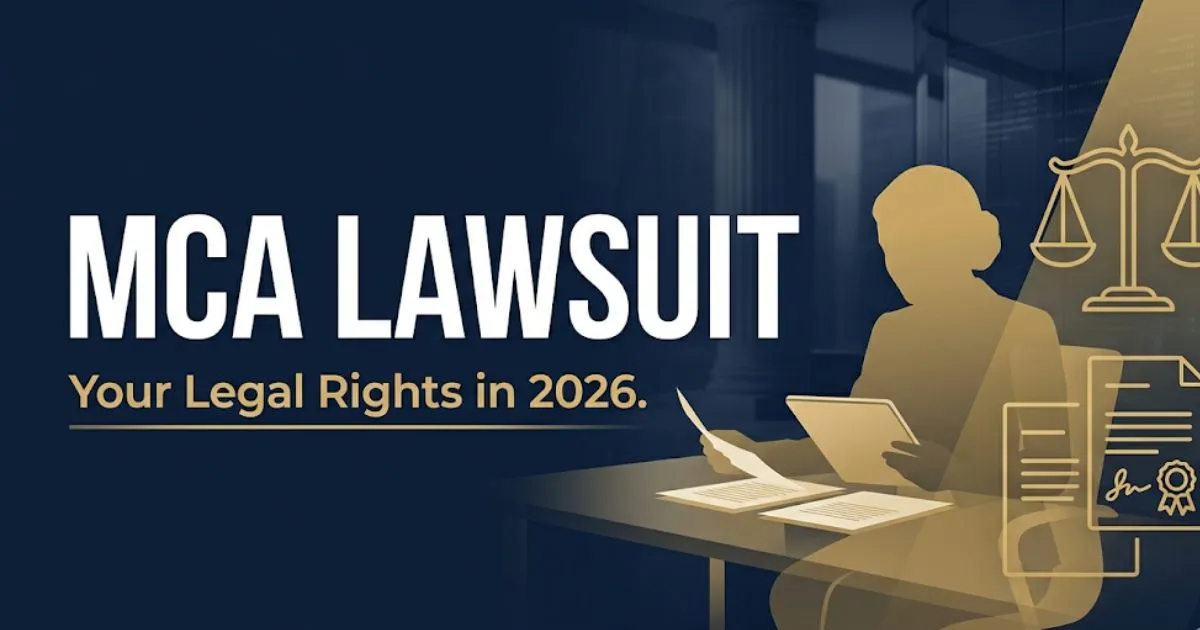 MCA lawsuit legal guide 2026 banner with navy and gold design featuring scale of justice and legal document icons