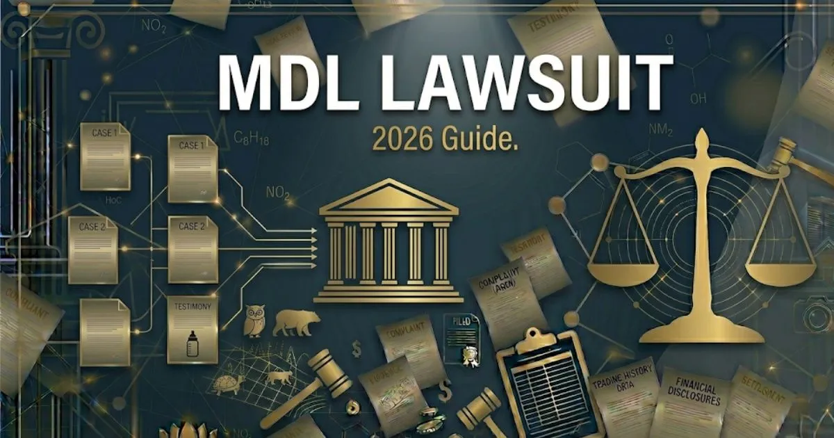 MDL lawsuit 2026 guide banner with legal symbols and courthouse design