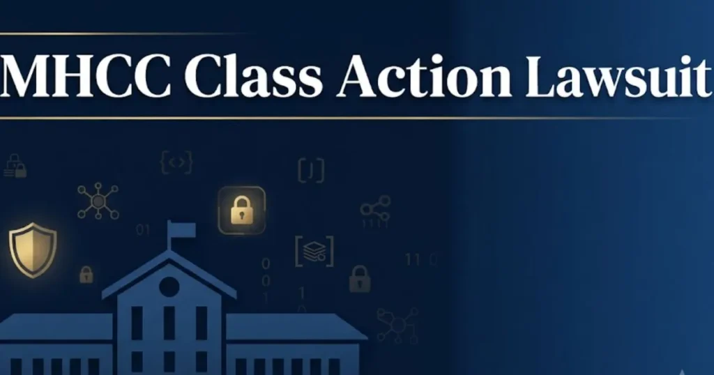 MHCC class action lawsuit 2026 banner with legal symbols and college silhouette