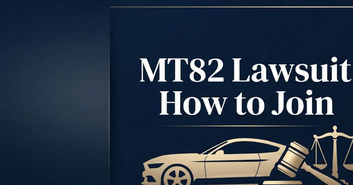 MT82 lawsuit how to join guide with legal symbols and Mustang silhouette on navy background