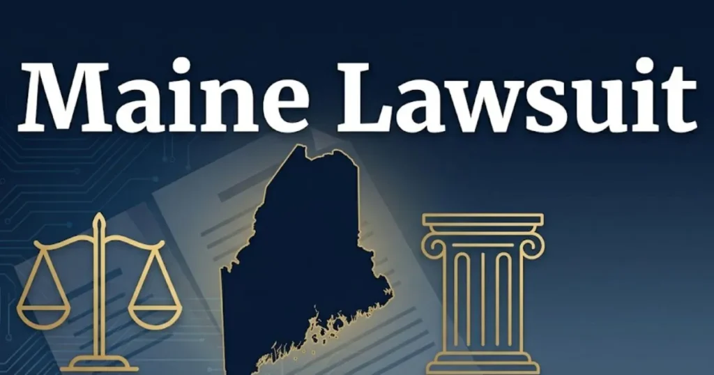 Maine lawsuit guide 2026 with legal symbols and Maine state outline in navy and gold design