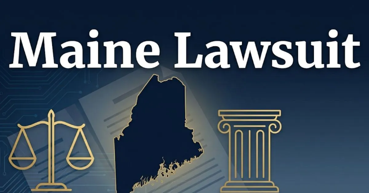 Maine lawsuit guide 2026 with legal symbols and Maine state outline in navy and gold design