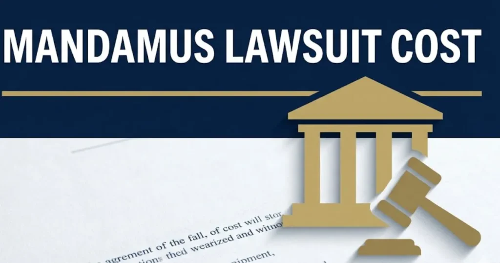 Mandamus lawsuit cost guide 2026 showing federal court filing fees and attorney fee breakdown on navy background