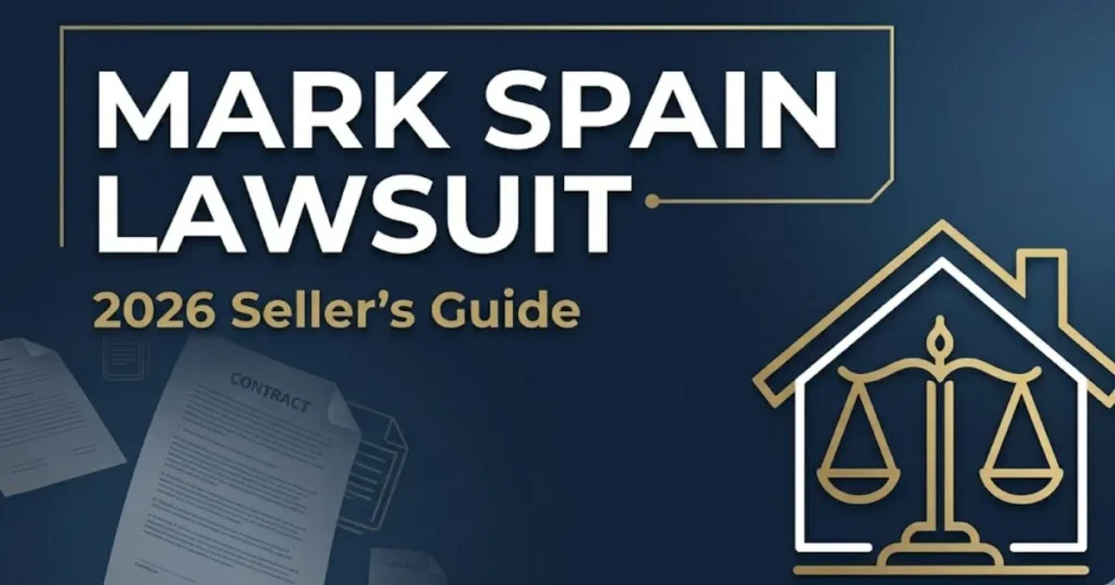 Mark Spain lawsuit 2026 legal guide banner with house silhouette and scales of justice icon on navy background
