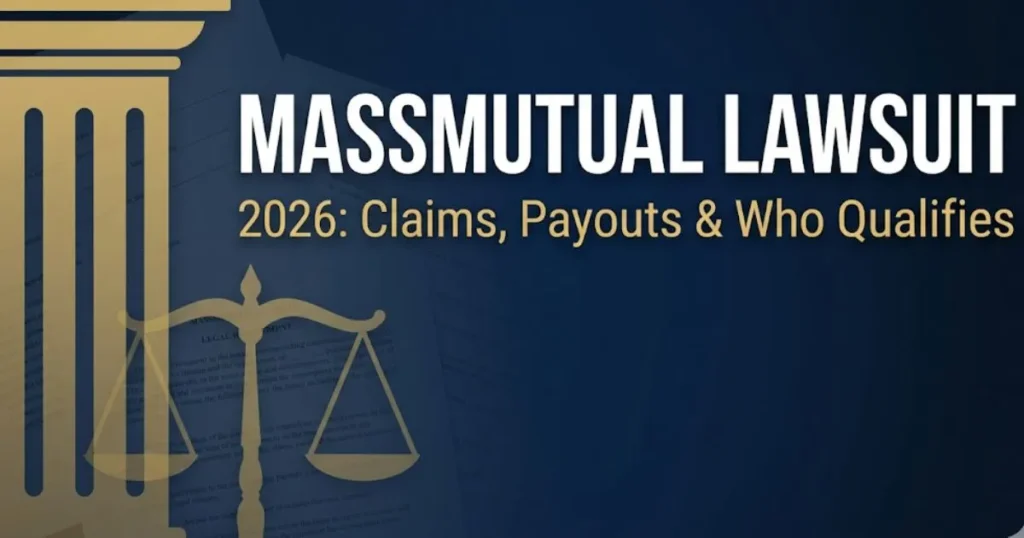 MassMutual lawsuit 2026 hero banner with courthouse silhouette showing claims, payouts, and eligibility information