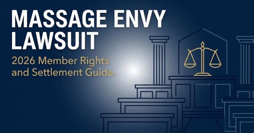 Massage Envy lawsuit 2026 legal banner showing scales of justice and member rights settlement guide information