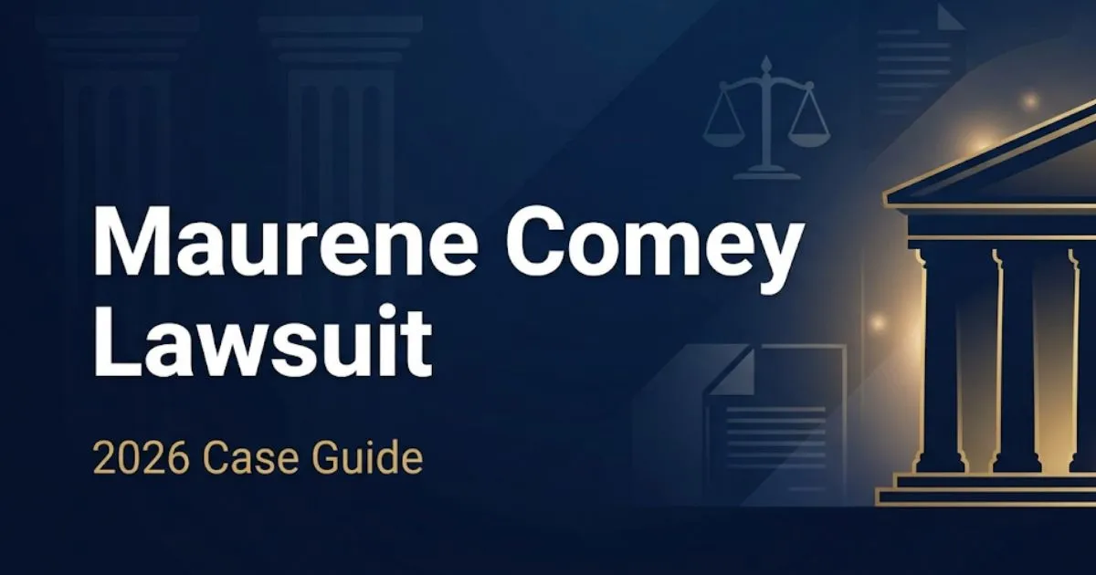 Maurene Comey lawsuit 2026 case guide banner with courthouse silhouette and legal symbols