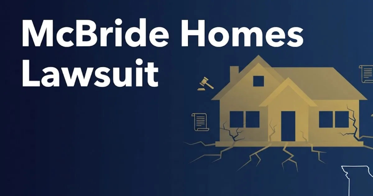 McBride Homes lawsuit 2026 banner showing house silhouette with foundation cracks and legal gavel icons on navy background