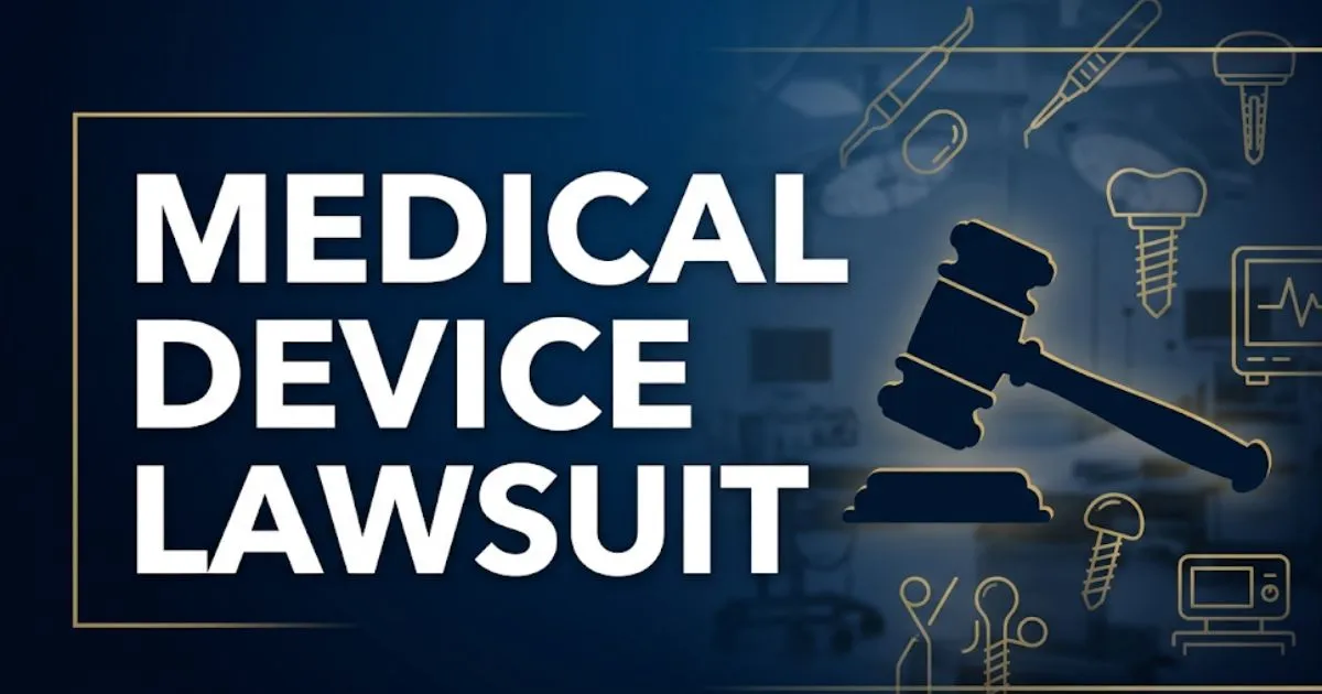 Medical device lawsuit 2026 hero banner showing bold headline text over navy background with gold legal and medical icons MAIN KEYWORD {{medical device lawsuit}} CLUSTER KEYWORDS {{defective