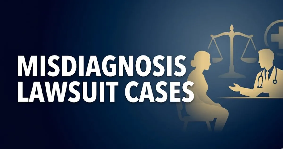 Misdiagnosis lawsuit cases hero banner showing legal scales and patient silhouette on navy background
