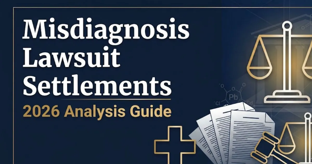 Misdiagnosis lawsuit settlements guide 2026 showing legal gavel and medical icons on navy background