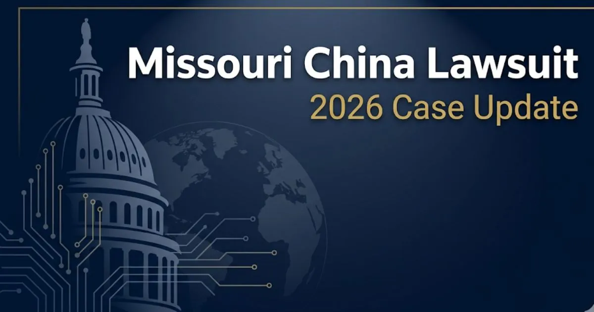 Missouri China lawsuit 2026 case breakdown editorial banner with courthouse silhouette and legal symbols