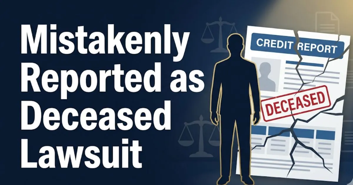 Mistakenly reported as deceased lawsuit guide 2026 showing credit report error silhouette and legal symbols on navy background