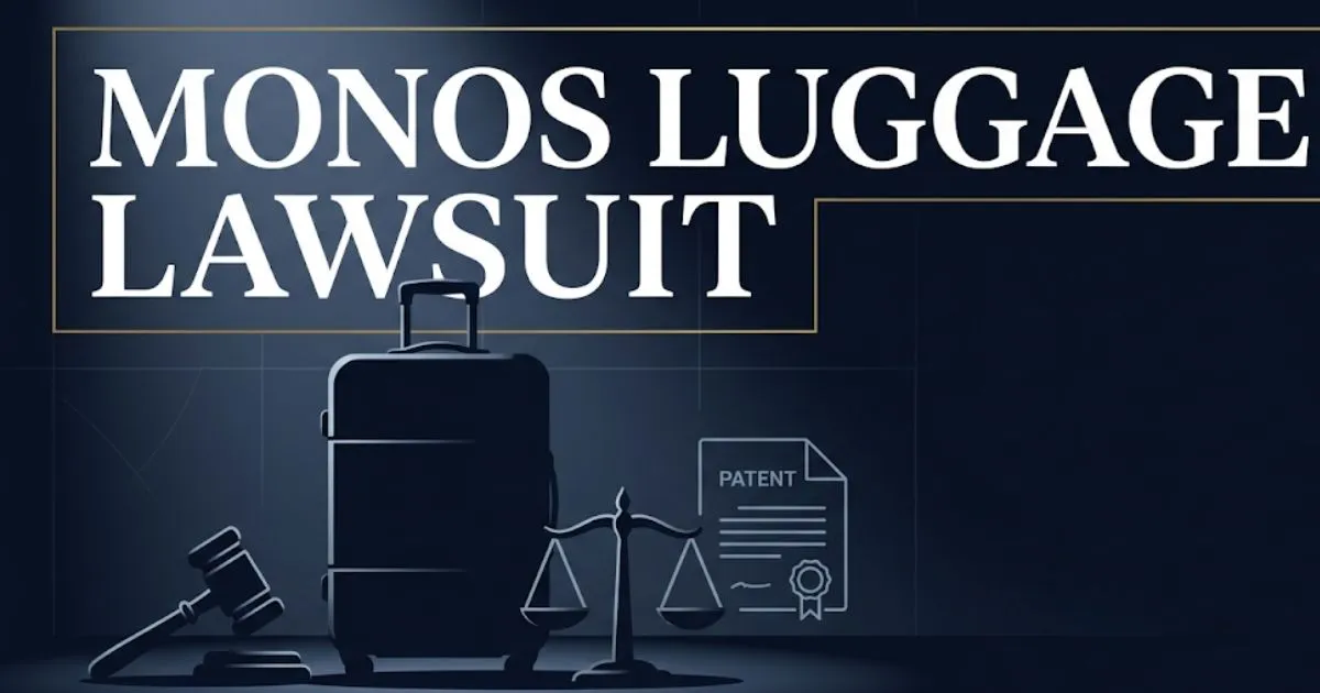 Monos luggage lawsuit banner with suitcase silhouette and legal icons on navy background