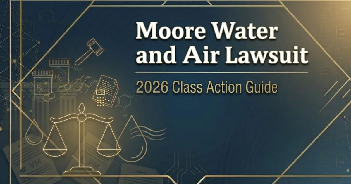 Moore Water and Air Lawsuit 2026 class action guide banner with legal scales and water drop icons on navy background