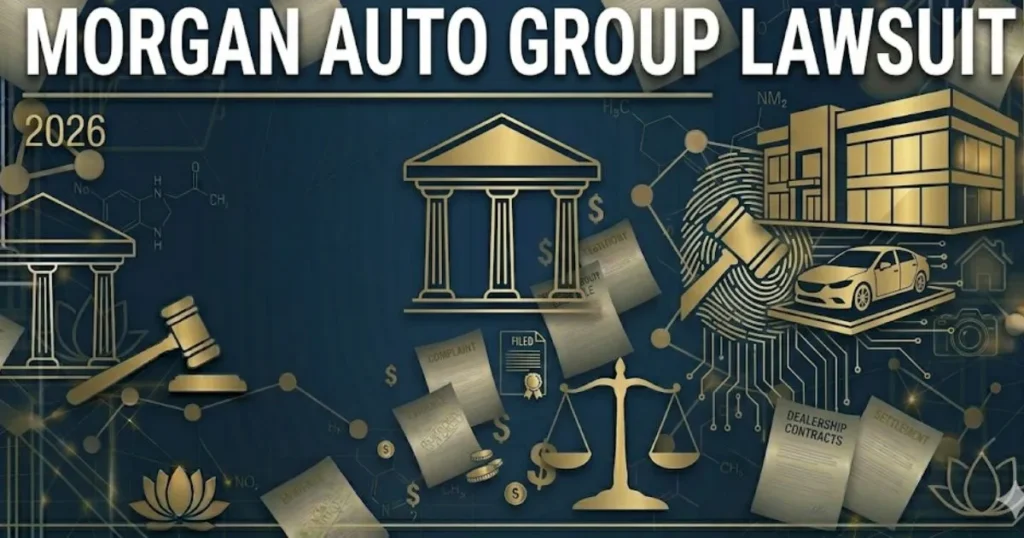 Morgan Auto Group Lawsuit 2026 blog banner with legal symbols and dealership silhouette