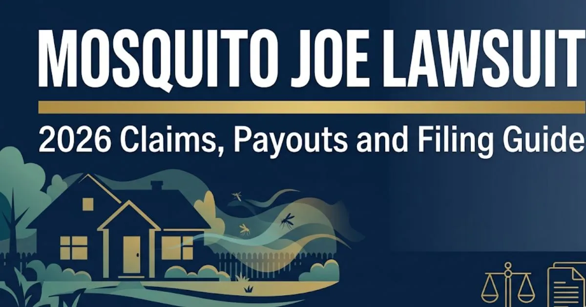 Mosquito Joe lawsuit 2026 banner showing home silhouette, legal scales, and bold headline text on navy background