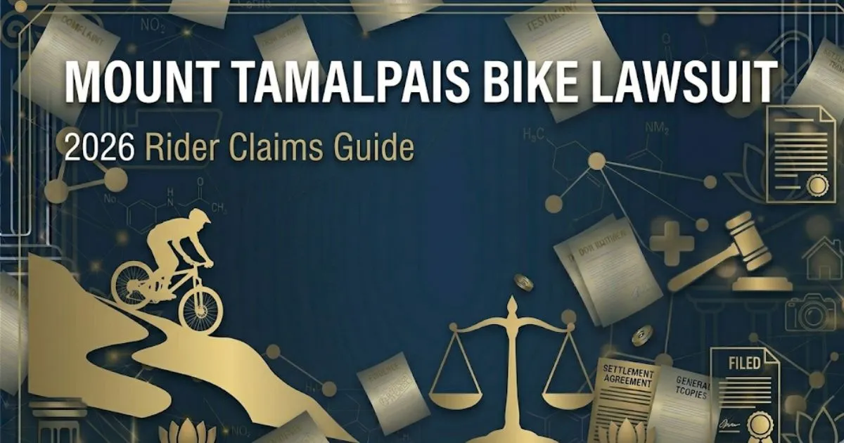 Mount Tamalpais bike lawsuit 2026 guide banner with silhouette cyclist and legal symbols on navy background