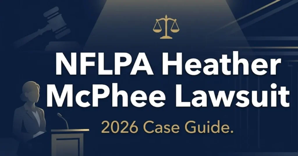 NFLPA Heather McPhee lawsuit 2026 case guide banner with legal symbols and deep navy background