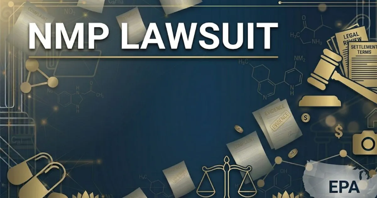 NMP lawsuit 2026 legal banner with gavel and chemical symbols on navy background