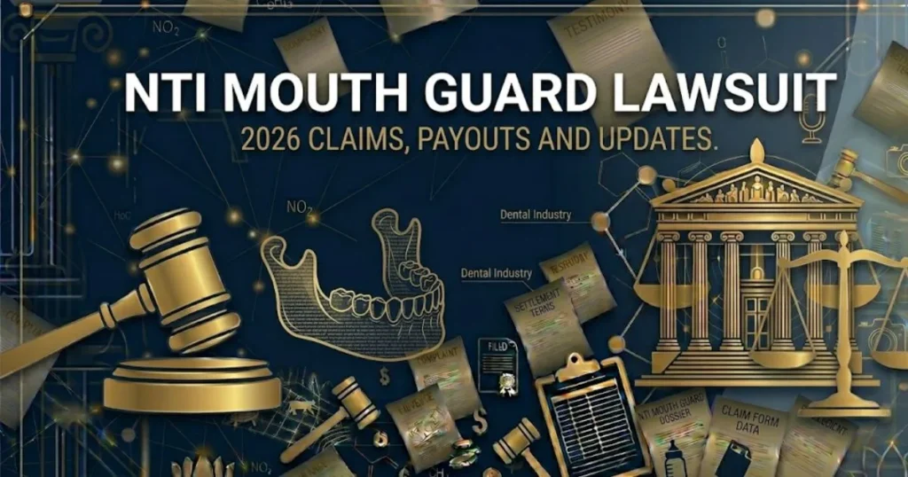 NTI mouth guard lawsuit 2026 banner showing jaw silhouette and legal symbols on navy background