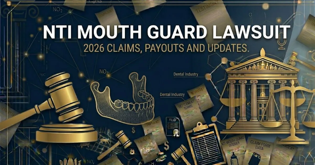 NTI mouth guard lawsuit 2026 banner showing jaw silhouette and legal symbols on navy background