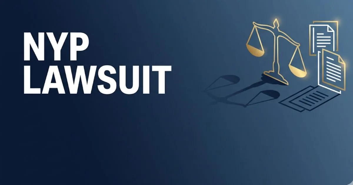NYP lawsuit 2026 legal banner showing scales of justice and gavel icons with bold headline text on navy background