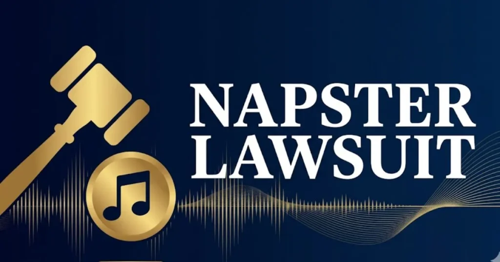 Napster lawsuit legal guide banner with gavel and music note icons on navy background