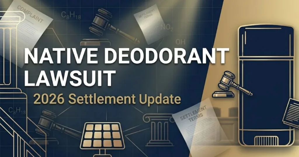Native Deodorant Lawsuit 2026 settlement update banner with navy legal-themed background and gold accents.