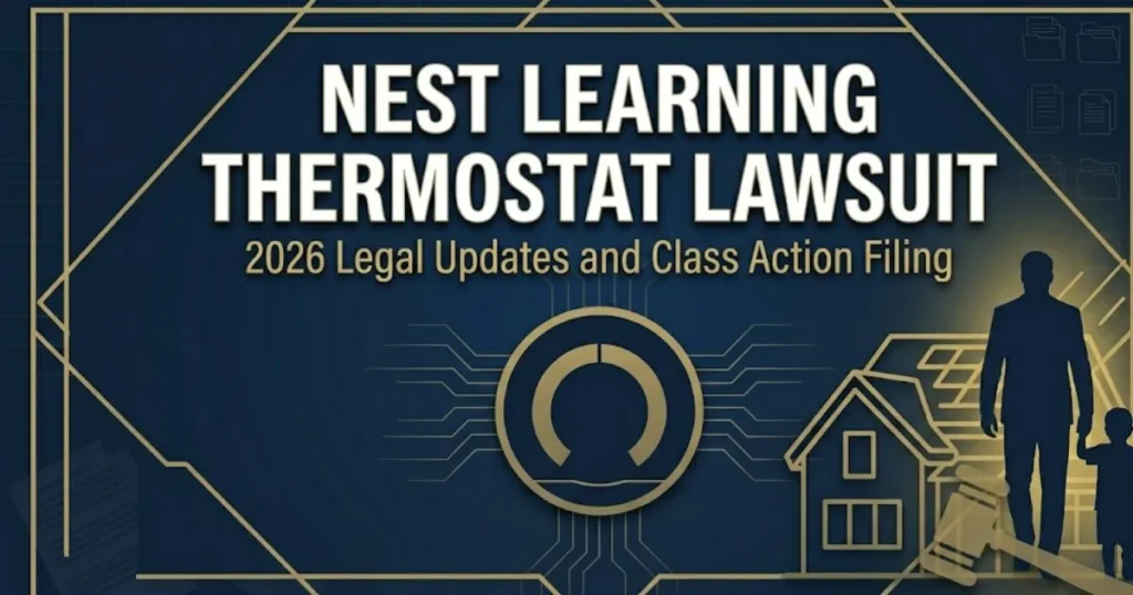 Nest learning thermostat lawsuit 2026 guide banner with thermostat icon and legal gavel design