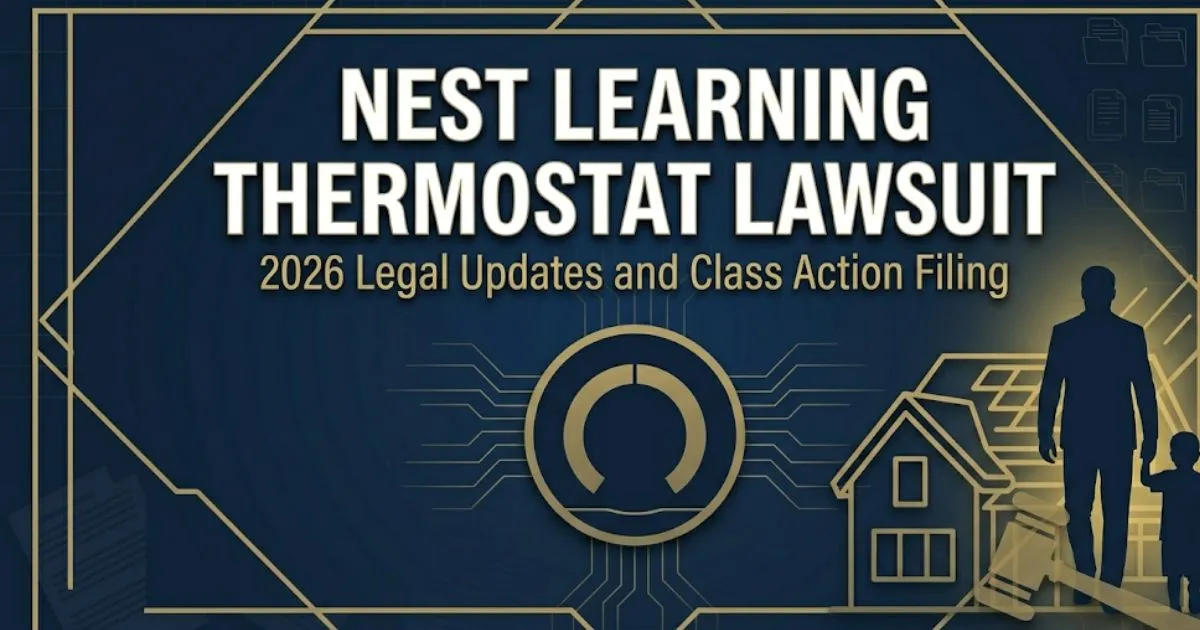Nest learning thermostat lawsuit 2026 guide banner with thermostat icon and legal gavel design