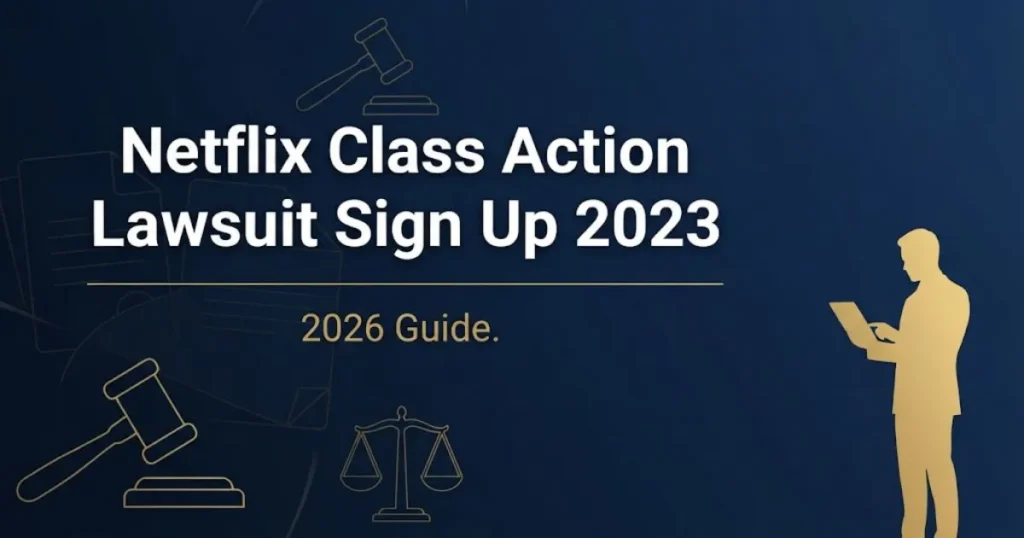 Netflix class action lawsuit sign up 2023 guide banner with legal symbols and navy gold design