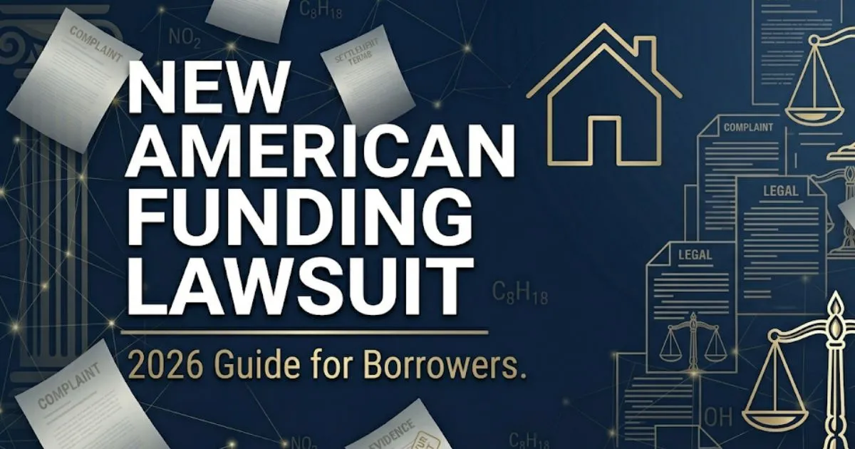 New American Funding lawsuit 2026 guide banner with legal symbols and house icon on navy background
