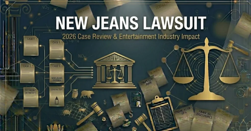 New Jeans lawsuit 2026 legal case breakdown with courthouse and contract imagery