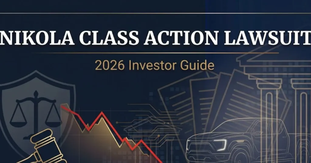 Nikola class action lawsuit 2026 investor guide banner with courthouse silhouette and declining stock chart on navy background