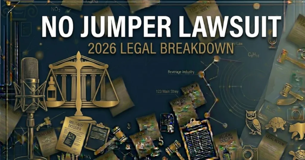 No Jumper lawsuit 2026 legal breakdown banner with scale of justice and microphone silhouette on navy background