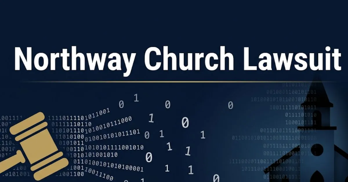 Northway Church lawsuit settlement banner with navy background and gold gavel icon representing data breach class action compensation.