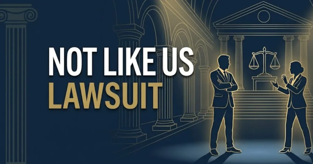 Not Like Us Lawsuit hero banner showing legal scales and silhouettes in navy and gold editorial design MAIN KEYWORD {{not like us' lawsuit}} CLUSTER KEYWORDS {{paste cluster keywords, separa