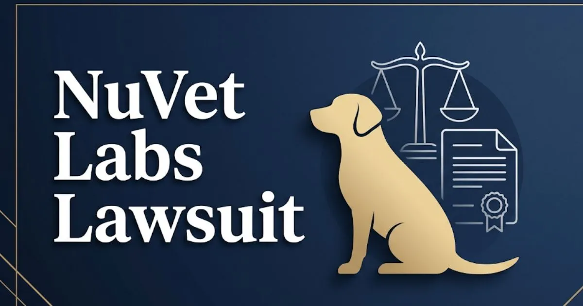 NuVet Labs lawsuit blog banner showing dog silhouette and legal scales on a navy background with bold title text