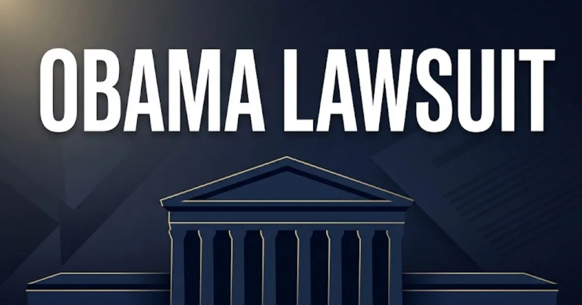 Obama lawsuit guide banner with Supreme Court silhouette and legal scales in navy and gold design