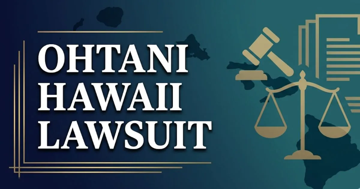 Ohtani Hawaii lawsuit 2026 editorial banner with legal symbols, gavel, and Hawaiian coastline silhouette on navy background