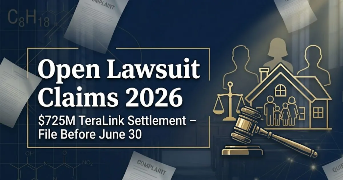 Open lawsuit claims 2026 banner for TeraLink data privacy settlement with filing deadline and $725M fund text in bold legal-style design.