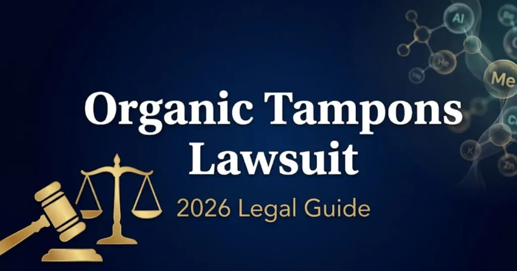 Organic tampons lawsuit 2026 legal guide banner with gavel and toxic metal symbols