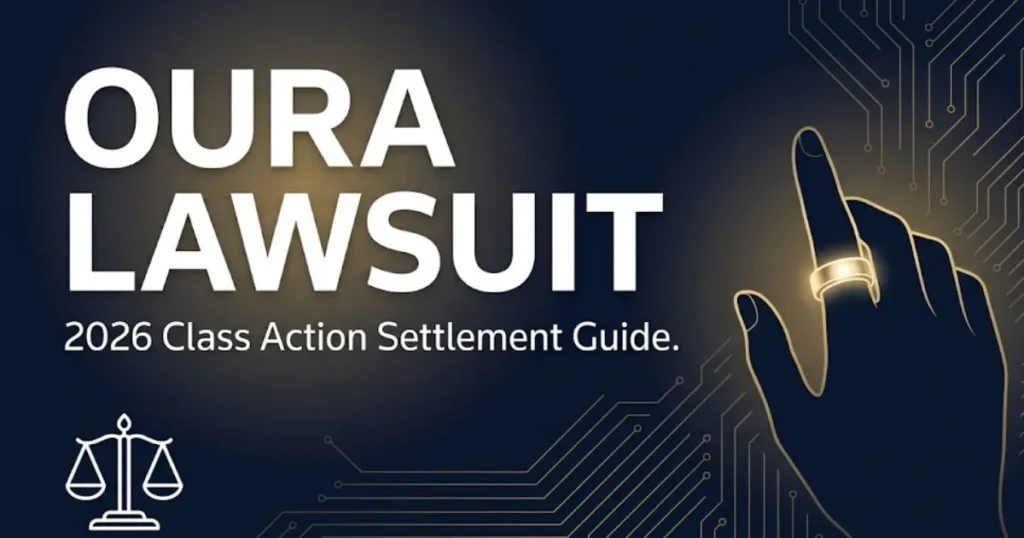 Oura lawsuit 2026 class action settlement guide banner with smart ring silhouette and legal scales on navy background