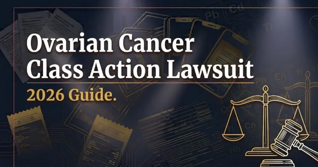 Ovarian cancer class action lawsuit 2026 guide banner with gavel and scales of justice