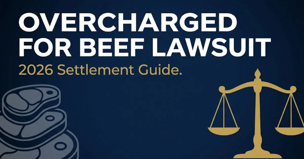 Overcharged for beef lawsuit 2026 settlement guide banner with scales of justice and legal themed design