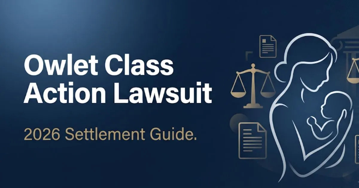 Owlet class action lawsuit 2026 settlement guide banner with legal symbols and navy background