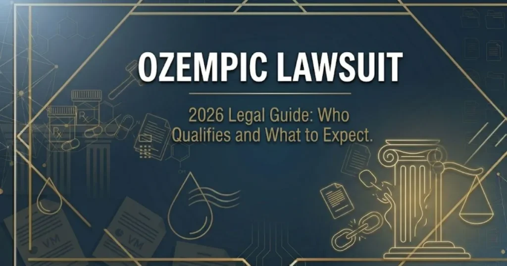 Ozempic lawsuit 2026 legal guide banner showing courthouse silhouette and gold scale icons on navy background