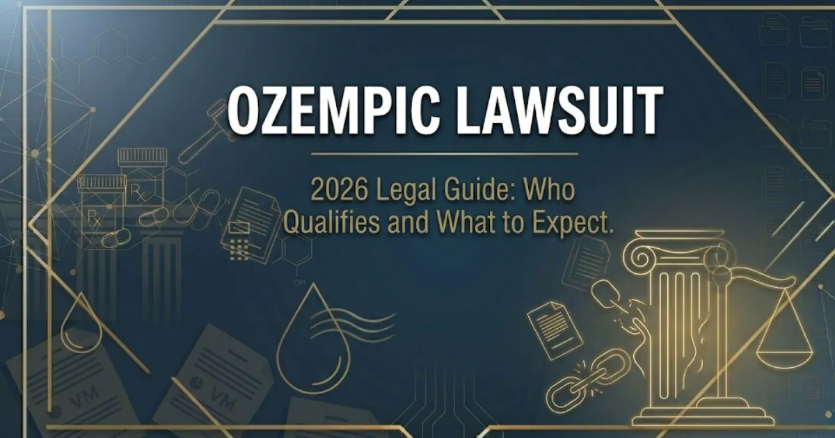 Ozempic lawsuit 2026 legal guide banner showing courthouse silhouette and gold scale icons on navy background