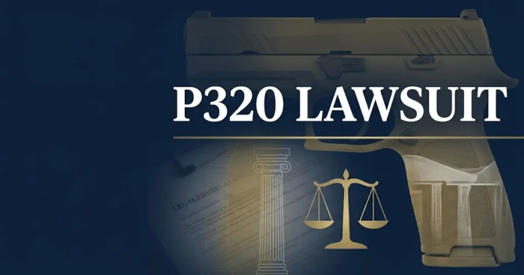 P320 lawsuit 2026 updates banner with legal scales and firearm silhouette on navy background